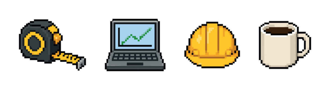 Pixel art icons for construction, business, and coffee break