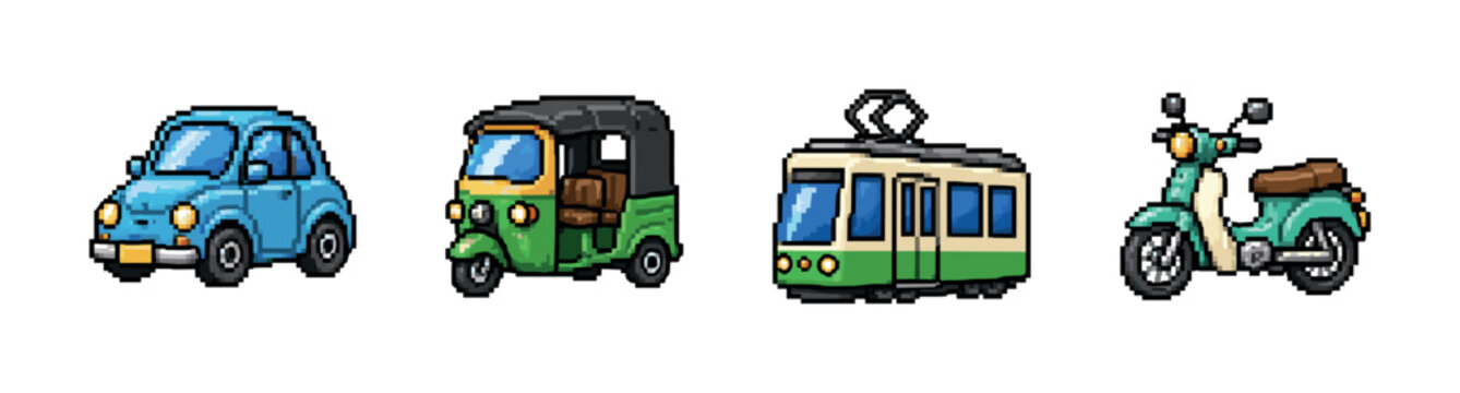 Pixel art collection of diverse vehicles including a car, scooter, auto rickshaw, and tram
