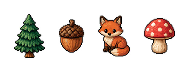 Cute pixel art forest elements including a fox, tree, mushroom, and acorn © UnIcons
