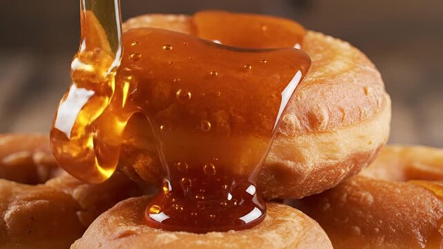Delicious Caramel Drizzling Over Stacked Donuts Close Up.