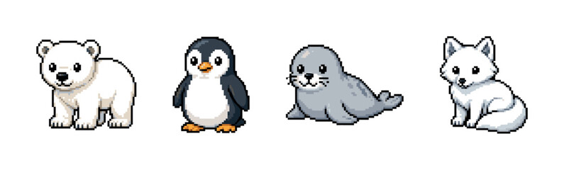 Cute pixel art collection of arctic animals including a polar bear, seal, penguin, and fox © UnIcons
