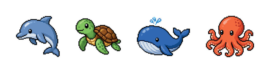 Cute pixel art collection of marine animals including a dolphin, whale, turtle, and octopus © UnIcons