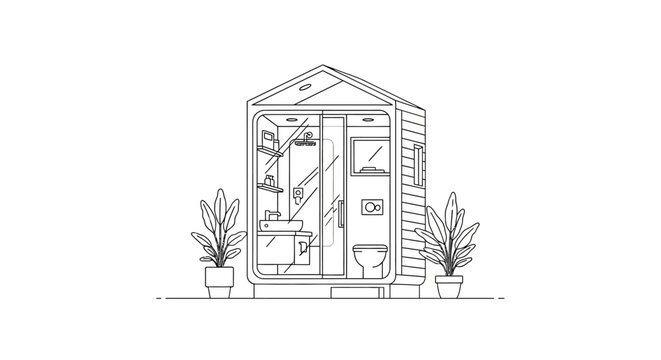 Modern Modular Bathroom Pod Illustration - Minimalist Line Art Drawing of a Tiny House Bathroom with Shower, Sink, and Toilet