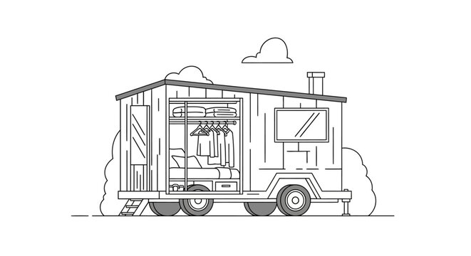 Minimalist Tiny House on Wheels Illustration - Black and White Line Art of a Mobile Small Home with Interior View