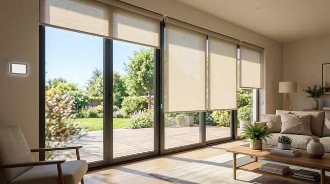 Smart blinds automatically adjusting to sunlight, energy efficient home, summer midday, bright sun, automated comfort 