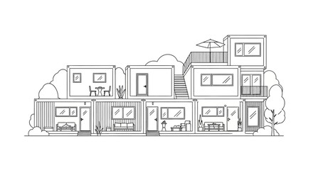 Naklejka premium Sustainable Modern Modular Shipping Container House Line Art Illustration - Eco-Friendly Architecture and Tiny Home Design