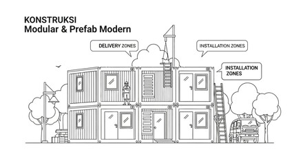 Fototapeta premium Modern Modular and Prefabricated Construction Line Art Illustration with Shipping Container Homes, Delivery Zones, and Installation Site Concept