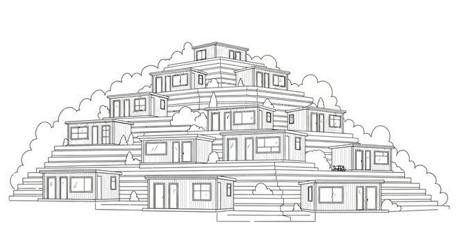 Modern Modular Housing Community on Terraced Hillside Line Art Illustration for Coloring Book