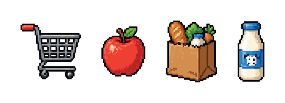 Pixel art icons of grocery items and shopping cart for digital design