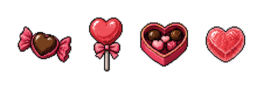 Pixel art heart-shaped candies and lollipop for Valentine's Day celebration