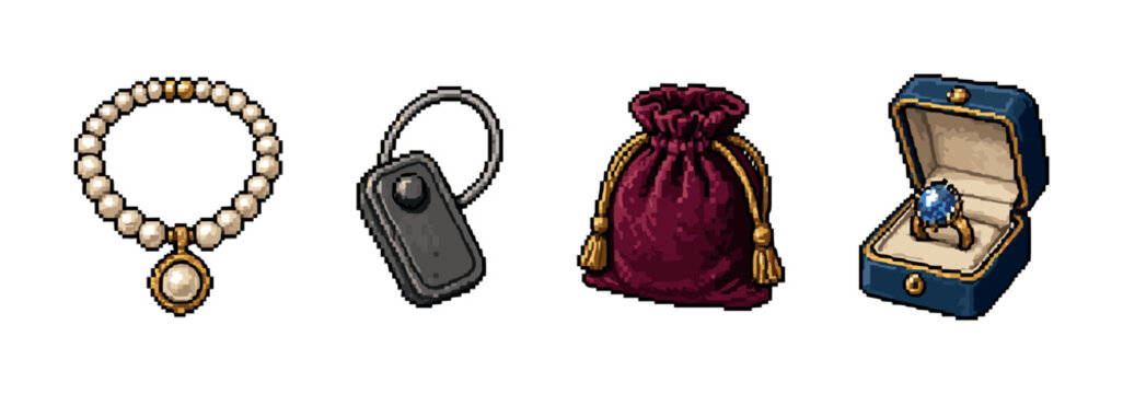 Collection of pixel art jewelry and accessories for gaming or design