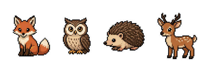 Fototapeta premium Cute pixel art forest animals collection including fox, deer, owl, and hedgehog