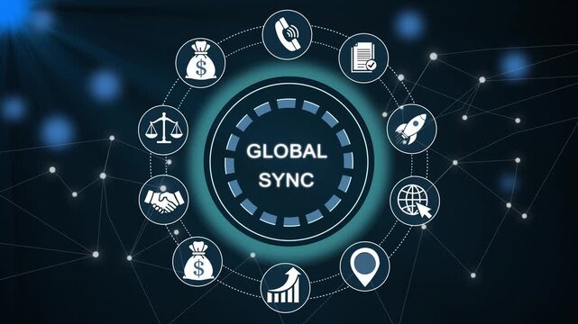 Global sync: futuristic networking technology animation with connected futuristic animation connected digital communication