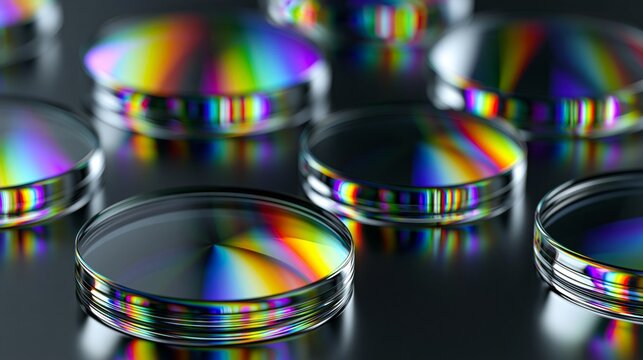 smooth iridescent lens discs with colorful light refraction effects