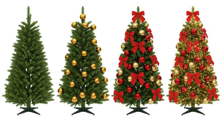 Fototapeta premium Four distinct green Christmas trees, bare to fully decorated with golden & red baubles, festive bows, twinkling LED lights, on transparent studio background. Holiday preparation concept