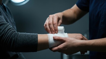 Fototapeta premium Skilled hands meticulously wrap a protective bandage around a person's wrist, symbolizing immediate medical care and the process of healing and recovery from injury
