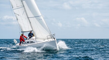 Fototapeta premium Two Caucasian Men Sailing A Modern White Yacht On Open Ocean Waters During A Sunny Day