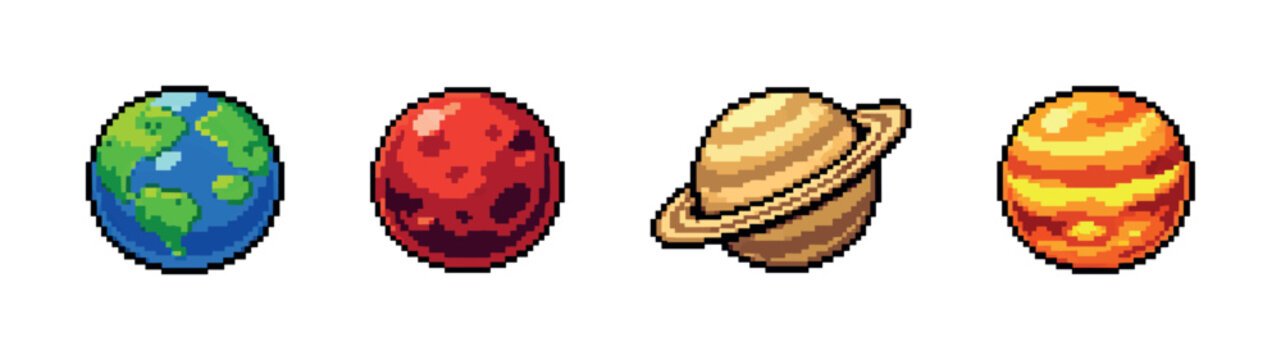 Pixel art planets: Earth, Mars, Saturn, and Jupiter in a retro style