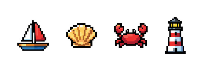 Naklejka premium Pixel art icons of a sailboat, crab, seashell, and lighthouse on white background