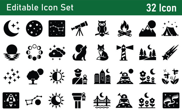 Editable icon set with 32 black icons on white background for customization