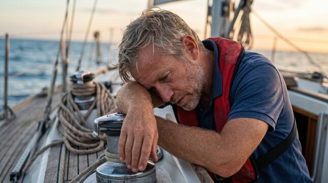 Exhausted middle aged Caucasian man resting on sailboat deck during ocean voyage at sunset