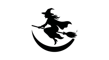 Obraz premium Halloween Witch Flying Broomstick Moon Silhouette Illustration