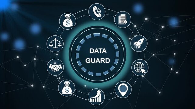 Cybersecurity digital shield with data guard lock and encrypted symbols, futuristic tech background, data protection