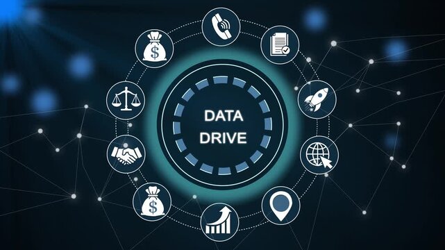 Data drive digital network concept animation, futuristic technology hub, binary code flow, global connectivity visualization