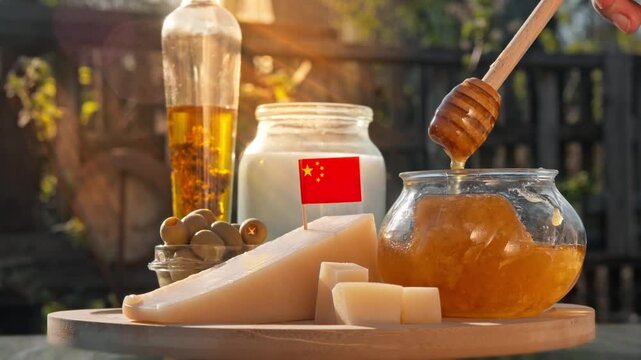 Traditional Chinese farm produce, including cheese, honey, and dairy goods, is arranged in soft natural light with a warm homely atmosphere.