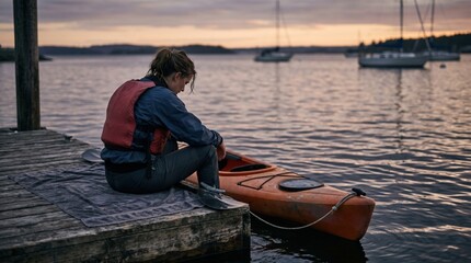 Fototapeta premium Young woman sitting on wooden dock preparing for sunset kayaking adventure in calm coastal waters