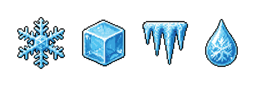Pixel art collection of winter elements including snowflake, icicles, ice cube, and water drop