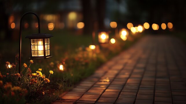 Garden lights along pathway at night with warm glowing light and soft bokeh background, cozy outdoor atmosphere and elegant landscape lighting concept.