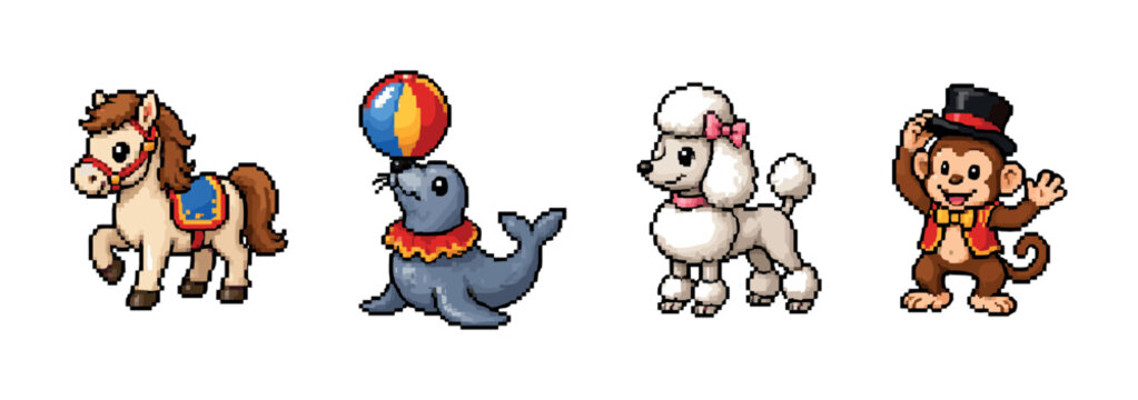 Pixel art circus animals performing tricks, a seal, poodle, horse, and monkey