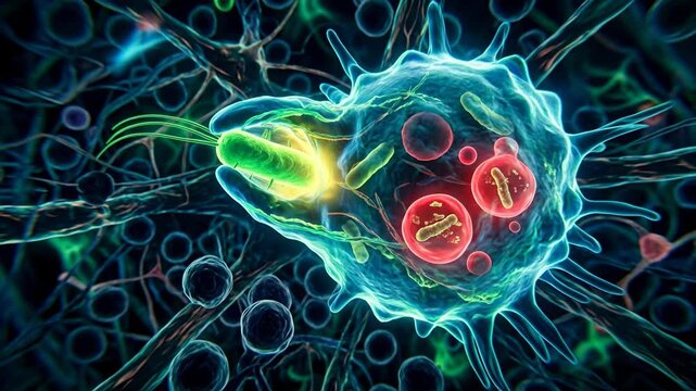 Microscopic view of a virus attacking a cell with internal structures visible.