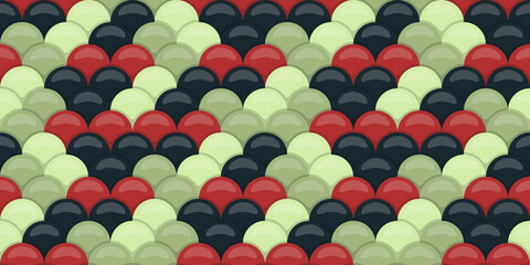 Abstract seamless pattern with overlapping red, green, and black semicircles creating a fish scale or wavelike design. Ideal for textile prints, backgrounds, website designs, and decorative projects. © Olena