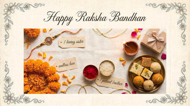 Raksha bandhan greeting card with rakhi marigold sweet gift and puja thali
