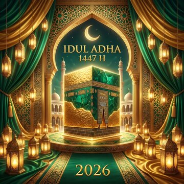 Eid al-Adha 1447 AH 2026 Celebration A Majestic Islamic Holiday Scene Featuring the Kaaba and Festive Lanterns