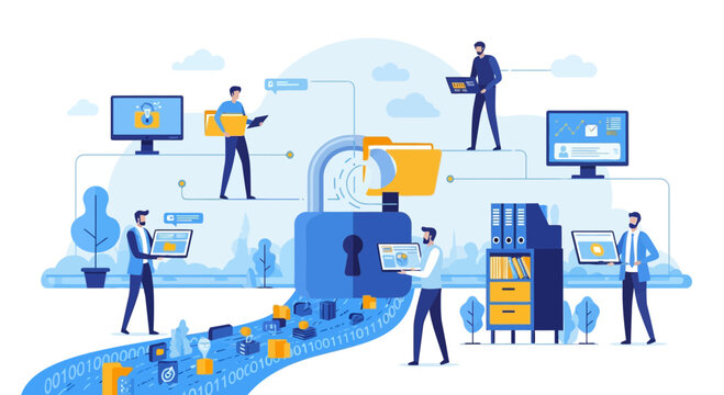 Employees utilize cloud archieve for enterprise storage in a modern office setting with computers and servers