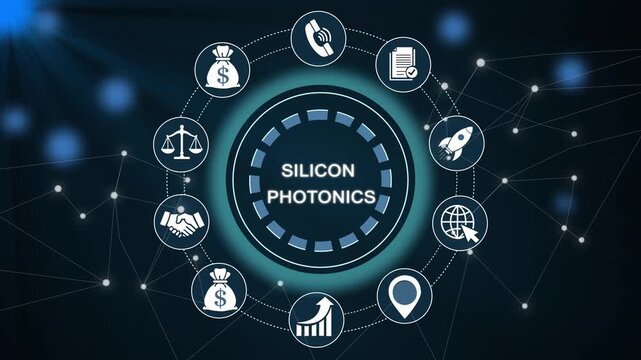 Silicon photonics technology concept animation with circuit board and binary code photonic integrated circuit