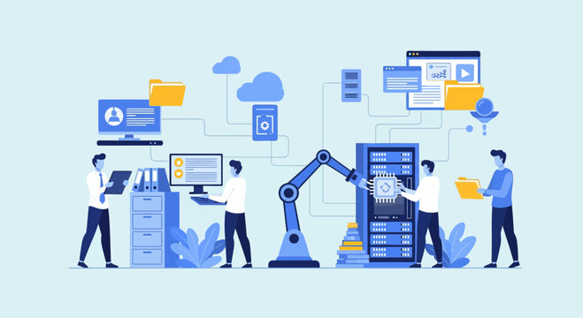 People working on cloud archieve and enterprise storage systems with robotic arms
