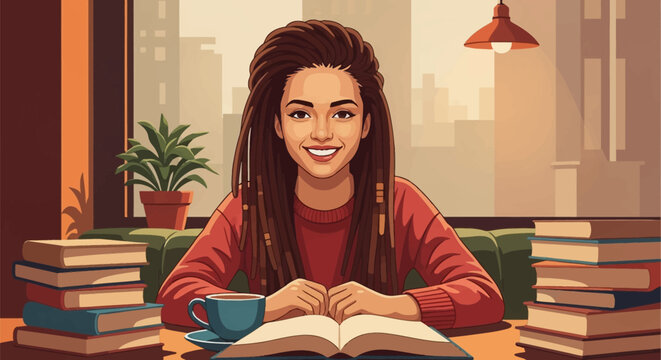 Digital illustration of a smiling woman with long dreadlocks sitting at a wooden table in a cafe, reading an open book with stacks of books, a coffee cup, and a city window view.