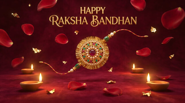 Jeweled gold rakhi with ruby center floating among red rose petal and diya on maroon