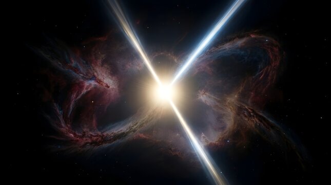Pulsar emitting powerful beams of energy into surrounding nebula in deep space