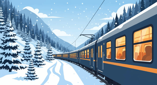 Vector illustration of a long blue passenger train traveling through a snowy mountain forest during winter, featuring warm glowing windows with passenger silhouettes and snow.