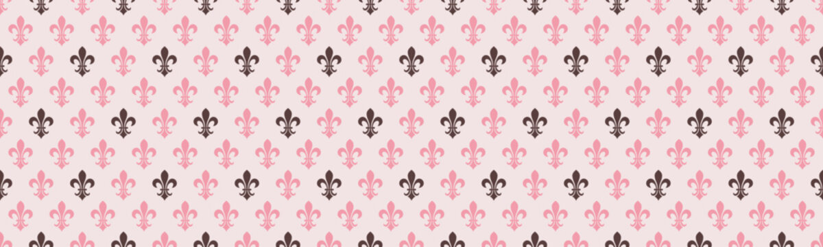 Elegant pink and black fleurdelis pattern.  Perfect for textile design, wallpaper, or branding projects. This repeating motif evokes a sense of royalty and sophistication.