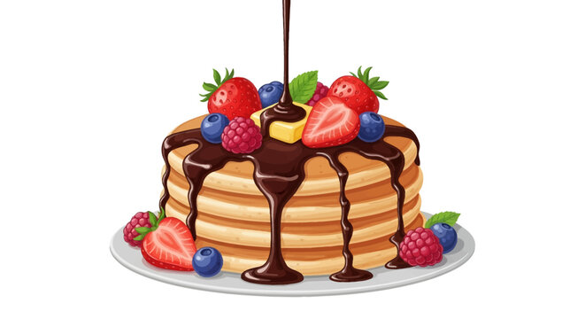 Vector illustration of a stack of fluffy pancakes on a plate topped with a pat of butter, fresh strawberries, raspberries, and blueberries, with chocolate syrup being poured over.