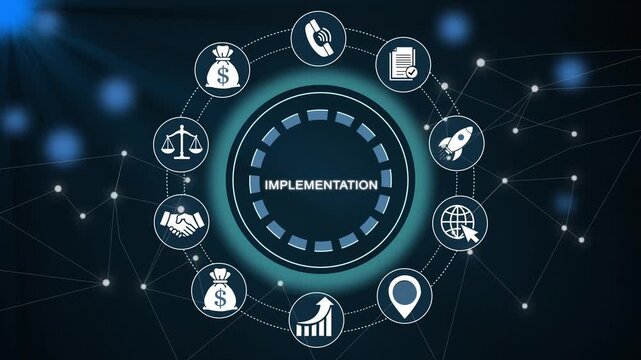 Digital technology implementation process animation, futuristic gear mechanism transition, tech innovation loop, blue neon circuitry