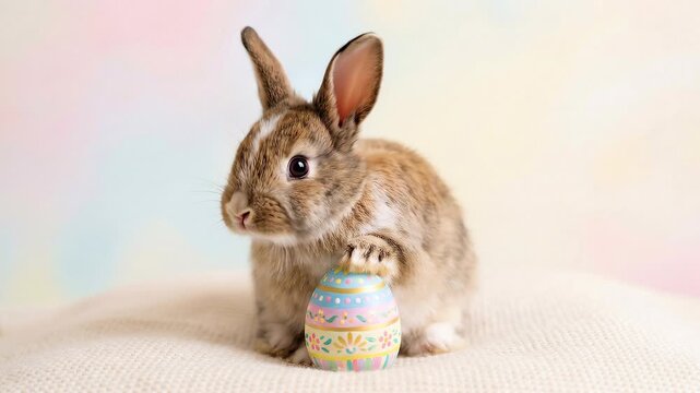 Cute Easter Bunny Holding a Colorful Egg on Pastel Background.