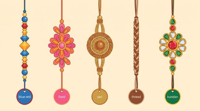 Collection of five different style rakhi bracelet design including kundan floral zari thread and bead