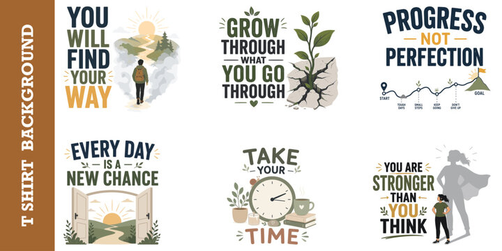 Self improvement quotes and inspirational life lessons with scenic vector illustrations set.